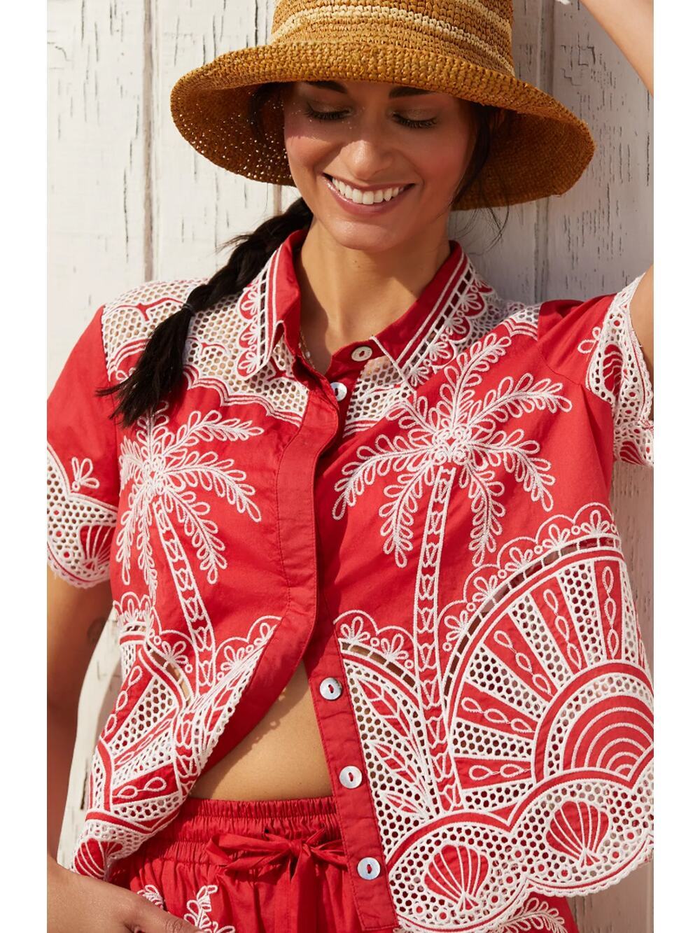 Farm Rio Palm Tree Buttondown Shirt in Red Size L